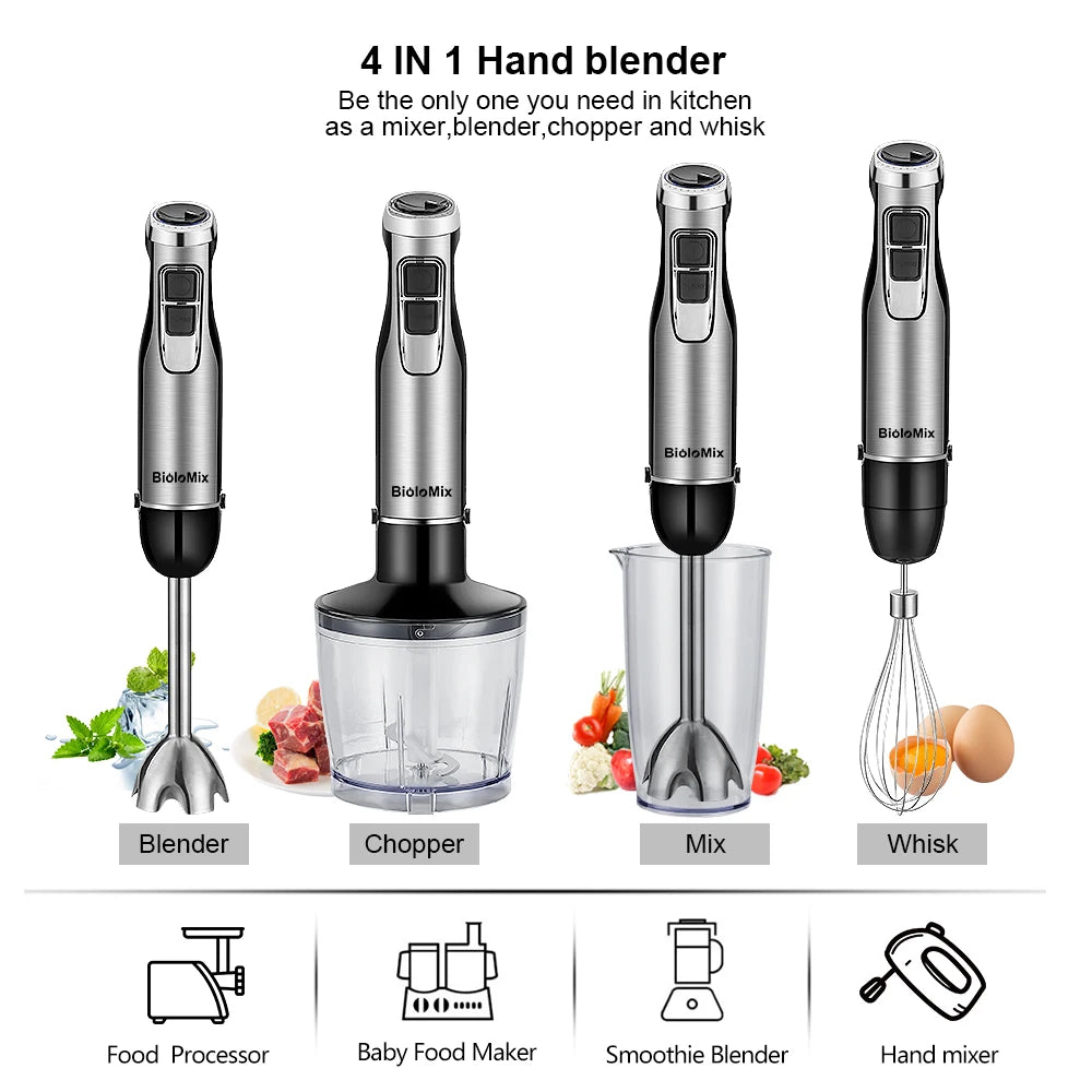 BioloMix Mélangeur à main à immersion 4 en 1 haute puissance 1200 W avec hachoir et tasse à smoothie, lames de glace en acier inoxydable