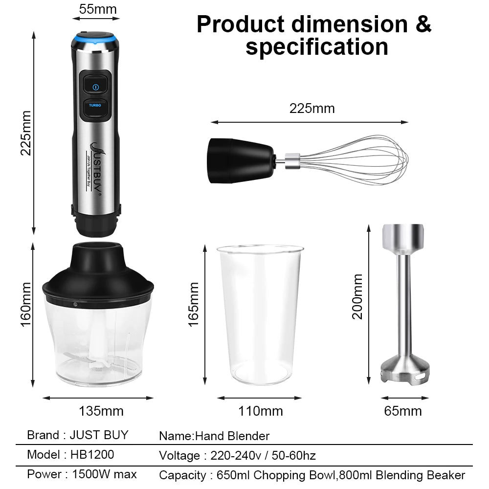 Euro 1500W 7/6/4 in 1 Electric Stick Hand Commercial Blender Food Processor Egg Whisk Mixer Juicer Meat Grinder