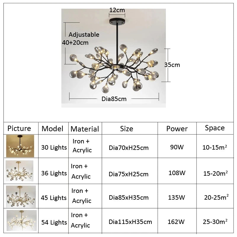 Lustres LED modernes en forme de luciole, branches d'arbre dorées et noires, décoration de chambre de luxe pour chambre à coucher, salle à manger, salon, décoration de la maison