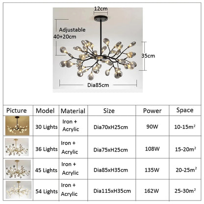 Lustres LED modernes en forme de luciole, branches d'arbre dorées et noires, décoration de chambre de luxe pour chambre à coucher, salle à manger, salon, décoration de la maison