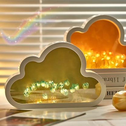 INS Handmade DIY Cloud Tulip Mirror Small Night Light INS Girl Heart Living Room Desktop Decoration Birthday Gift Holiday Gift