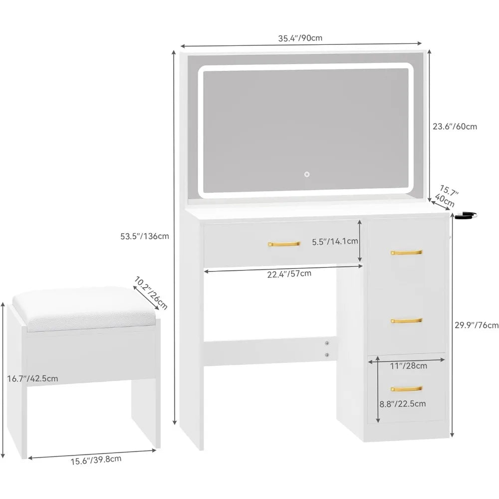 Dressers for Bedroom Milky-White Storage Makeup Vanity Desk With Large Lighted Mirror With Power Outlet and LED Strip Furniture