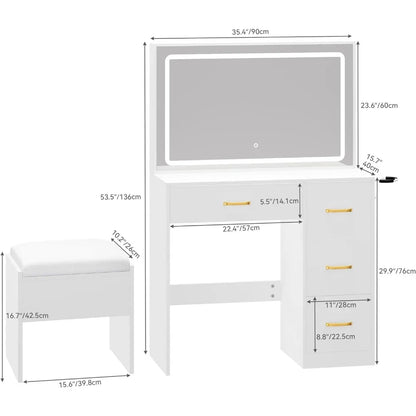 Dressers for Bedroom Milky-White Storage Makeup Vanity Desk With Large Lighted Mirror With Power Outlet and LED Strip Furniture