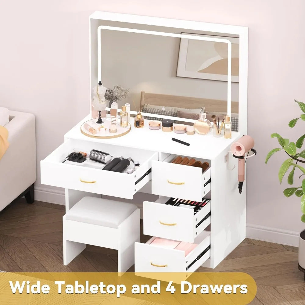 Dressers for Bedroom Milky-White Storage Makeup Vanity Desk With Large Lighted Mirror With Power Outlet and LED Strip Furniture