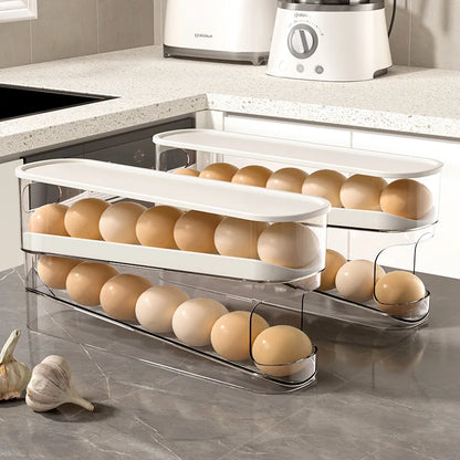 Caja de almacenamiento de huevos de dos niveles para refrigerador, soporte para huevos con desplazamiento automático, organización de cocina de gran capacidad para el hogar, huevo enrollable