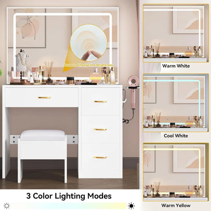 Dressers for Bedroom Milky-White Storage Makeup Vanity Desk With Large Lighted Mirror With Power Outlet and LED Strip Furniture