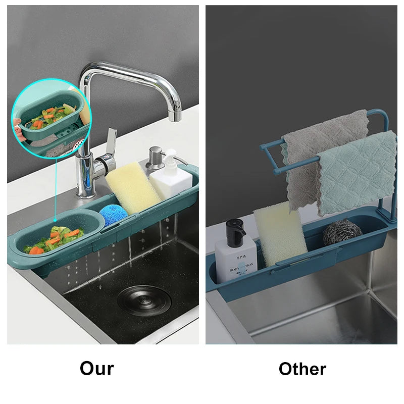 Telescopic Sink Rack Soap Sponge Holder Organizer Adjustable Sinks Drainer Storage Basket Kitchen Accessories