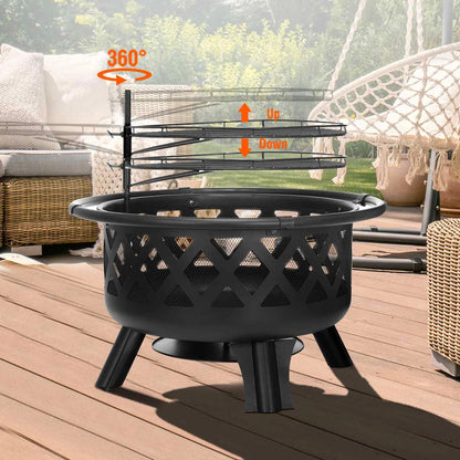 30 inch Fire Pits with Swivel BBQ Grill Outdoor Wood Burning Firepits Large Steel Firepit Bowl for Patio Backyard Garden Picnic