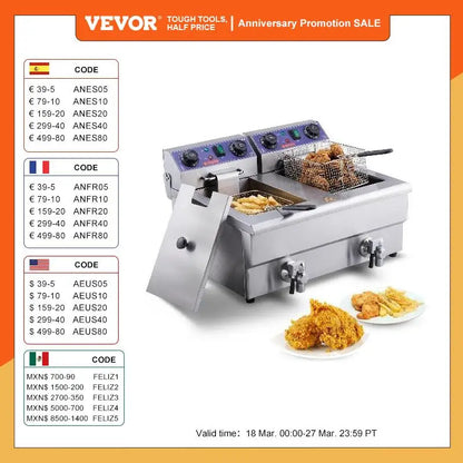 VEVOR  Commercial Electric Deep Fryer w/Dual Tanks 12L 3000W  Stainless Steel Countertop Fryer for Fried Chicken French Fries