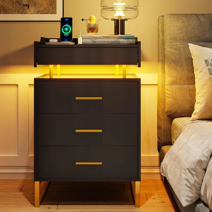 Modern End Table With Storage Home Furniture Bedside Table With LED Lights & Metal Legs Mobile Bedside Tables for the Bedroom