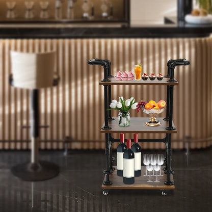 CNCEST3-Tier Industrial Rolling Bar Cart BeverageCart Bar Shelves for Liquor Bottles Wine Rack Carts on Wheels with StorageCarts