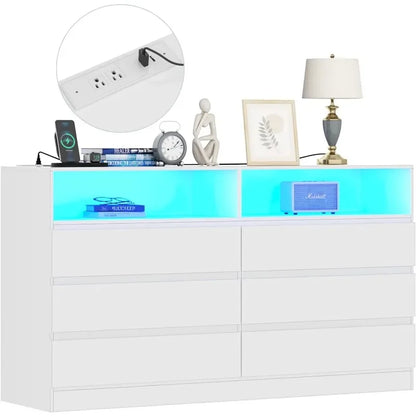 6 Drawer Double Dresser with Power Outlet, Accent Chests of Drawers with LED Light, Modern White Storage Dresser