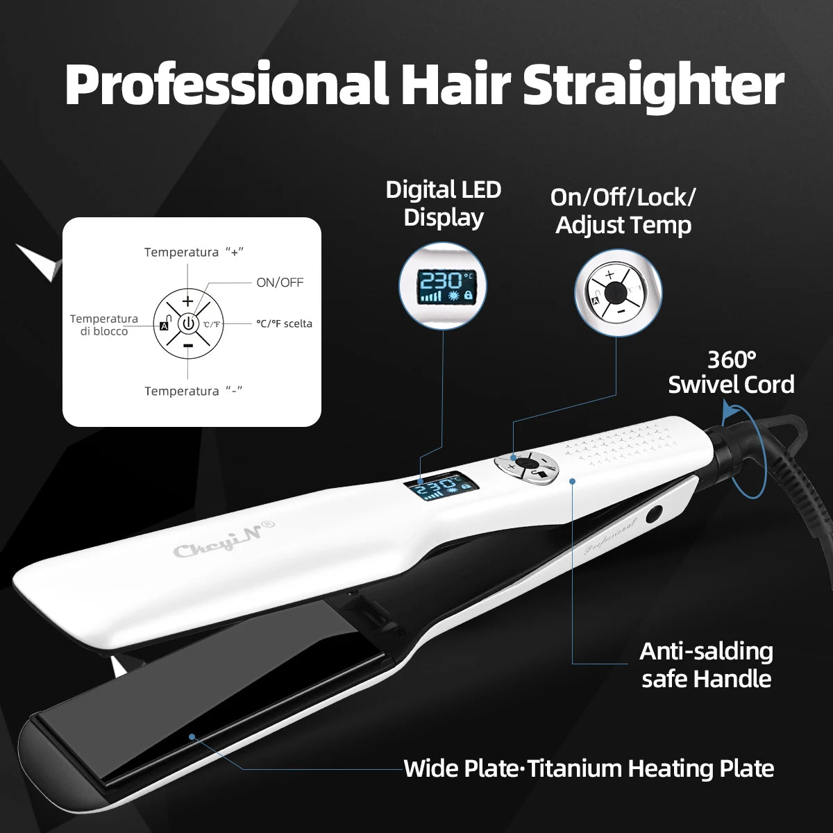 CkeyiN 44mm Tourmaline Ceramic Hair Straightener LCD Display Fast Heating Flat Iron Adjustable Temperature Straightening Iron