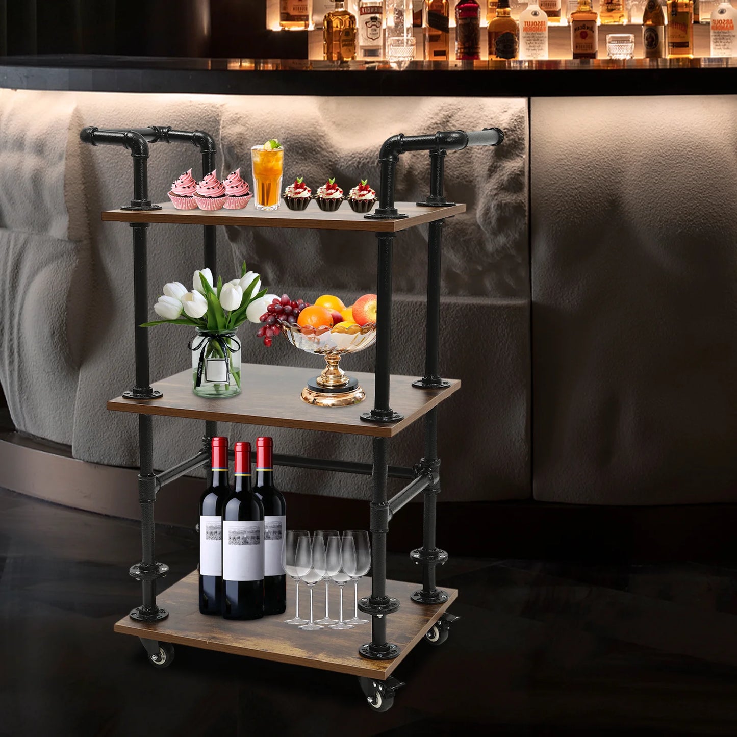 CNCEST3-Tier Industrial Rolling Bar Cart BeverageCart Bar Shelves for Liquor Bottles Wine Rack Carts on Wheels with StorageCarts