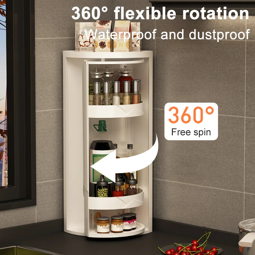 Kitchen Rotating Storage Rack Corner Shelf 360° Rotateable Household Layered Adjustable Shelf Organizer Spice Cans Bottle Holder