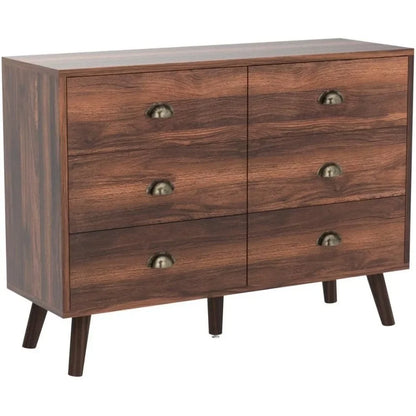 6 Drawer Dresser with Metal Handle for Bedroom, Mid-Century, Walnut Wood Dresser Chest of Drawers, Storage Cabinet