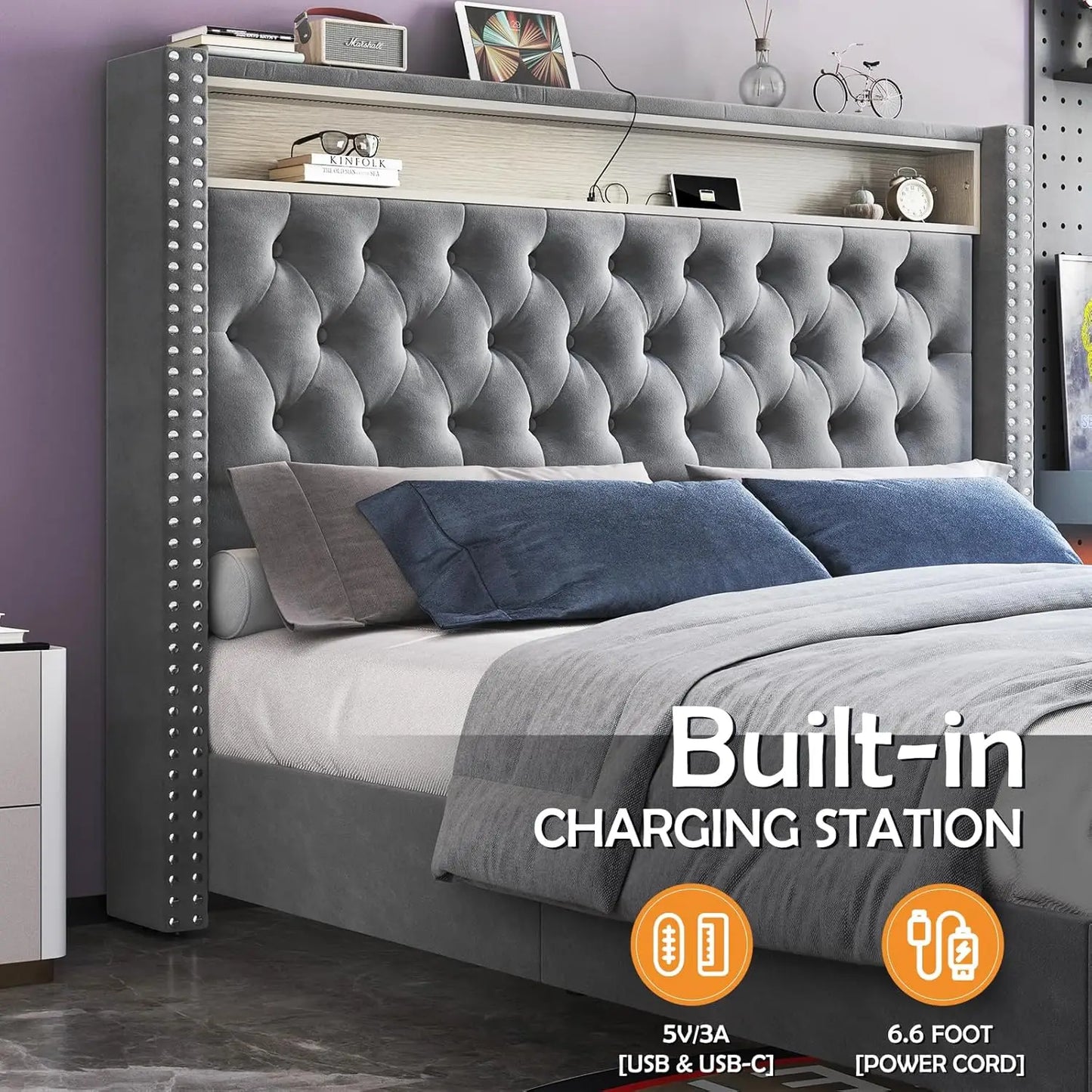 LED Queen Size Bed Frame and Headboard with Charging Station Velvet Upholstered Platform Bed No Box Spring Needed