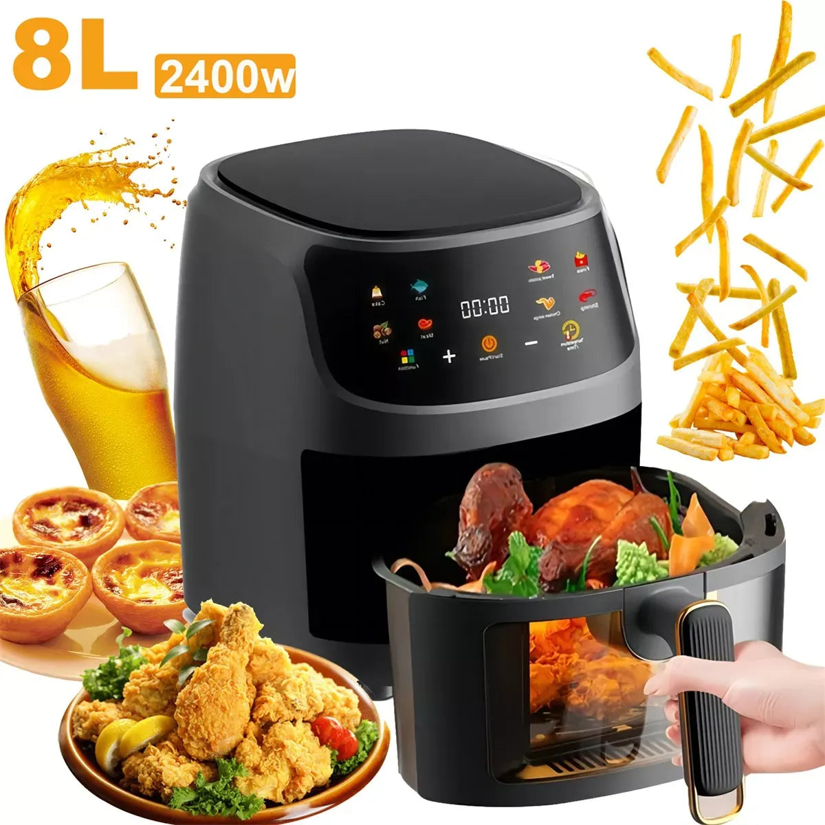 Freidora Aire 8L 2400W Con Pantalla Tactil Regulación De Temperatura Y De Visualización Air Fryer Programable (8 Litros)