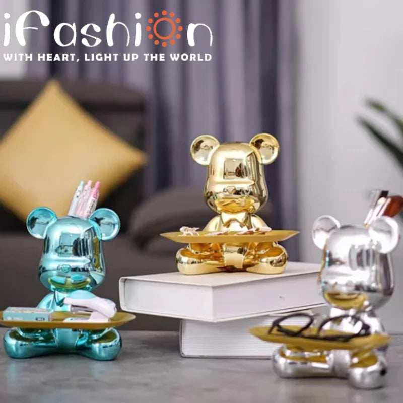 Silver Cartoon Bear Pendant Rack Creative Decoration Bathroom Towel Rack Living Room Storage Box Without Holes Installation