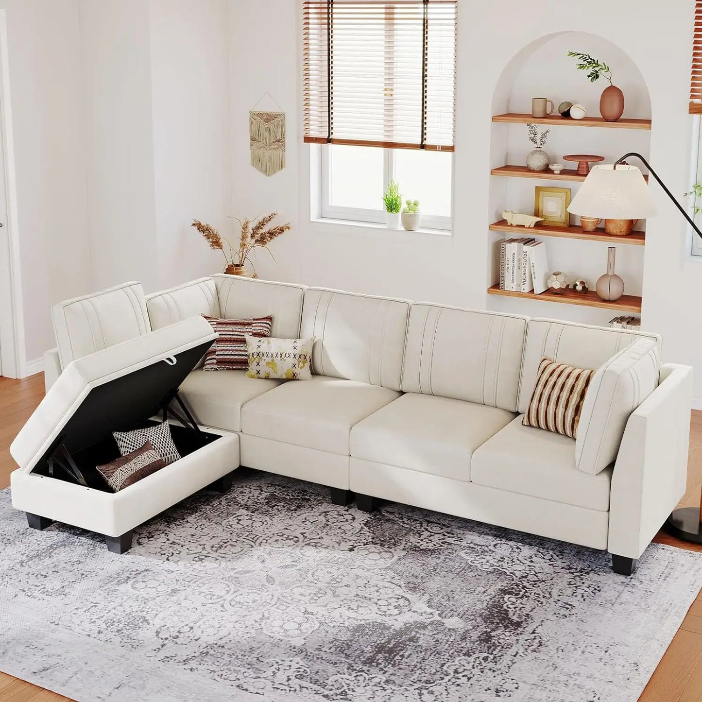 L Shaped Sofa Velvet Reversible Sectional Sofa with Storage Ottoman Convertible Cream L-Shaped Sofa Set