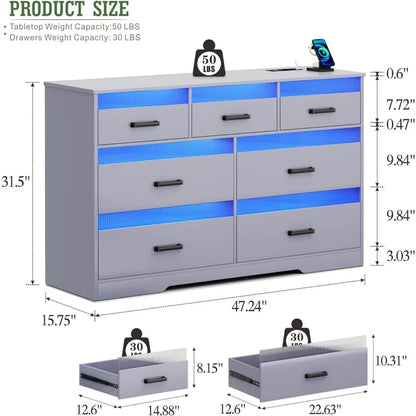 7 Drawers Dresser for Bedroom, Large Chest of Drawers with LED Light, Modern Dresser with USB & Type-c Charging Ports