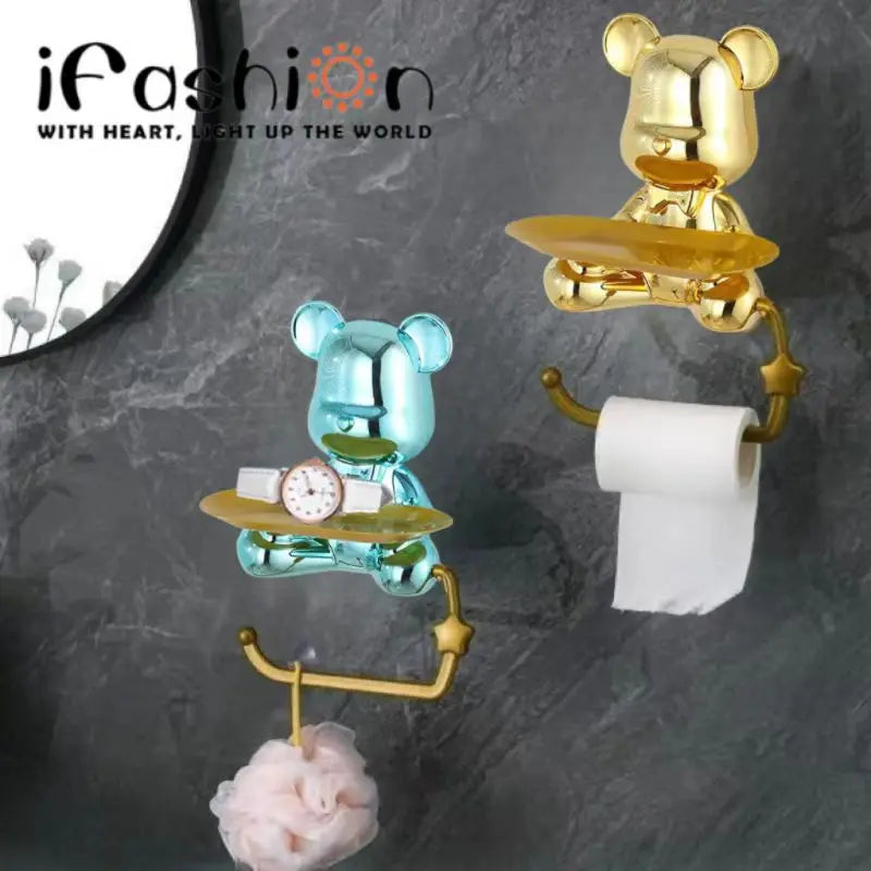 Silver Cartoon Bear Pendant Rack Creative Decoration Bathroom Towel Rack Living Room Storage Box Without Holes Installation