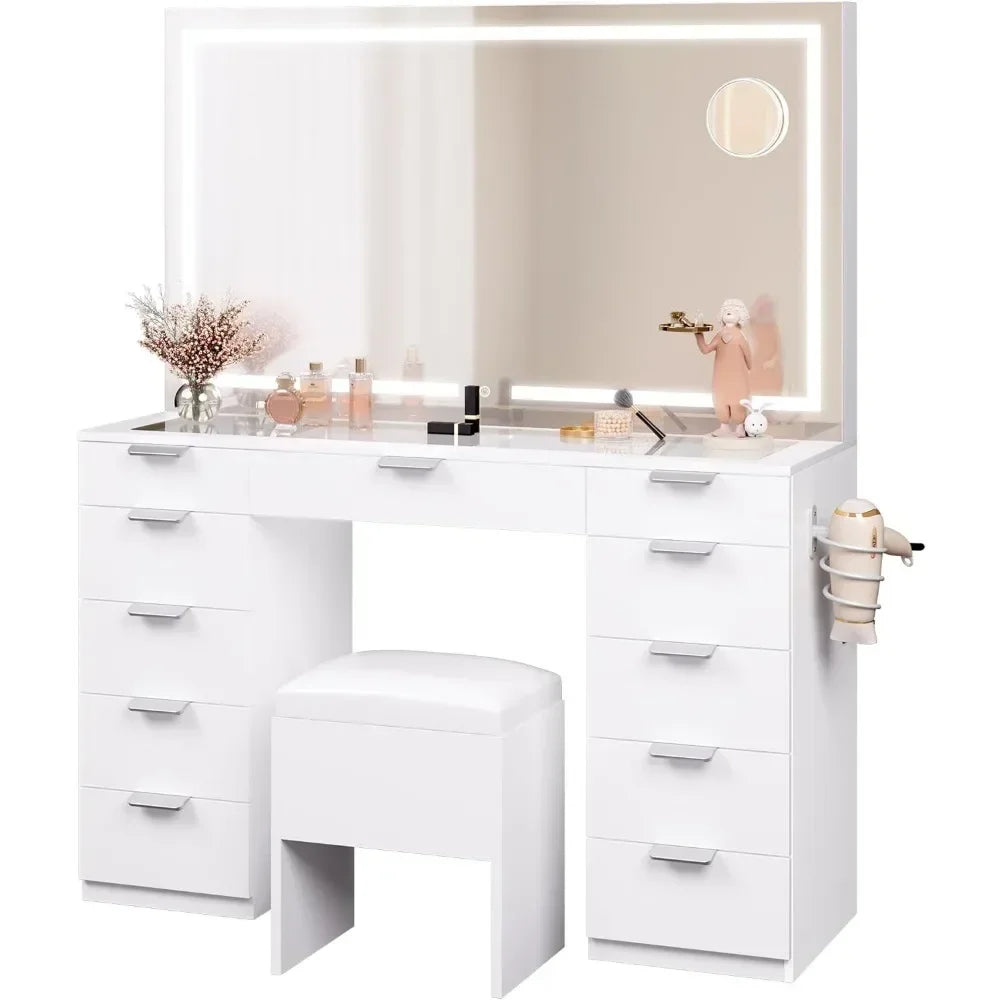 Make Up Table 46'' Large Makeup Vanity With Storage Bench Vanity Desk Set Home Furniture for Bedroom Dresser Furnitures Dressers