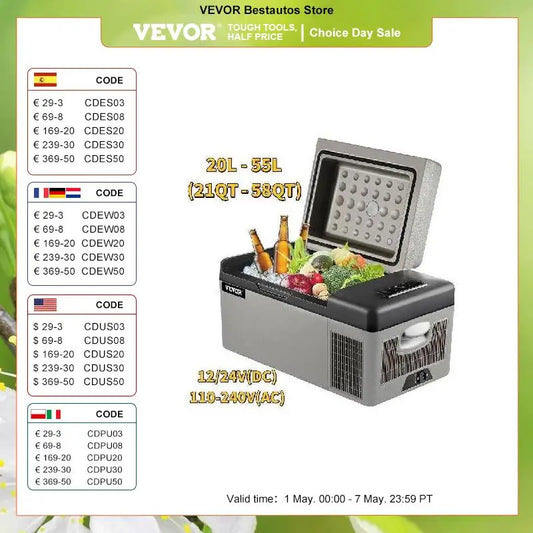 VEVOR 20L 22L 35L 45L 55L Car Refrigerator Mini Fridge Freezer Portable Compressor Cooler 12/24V DC 110-240V Ice Box for Camping