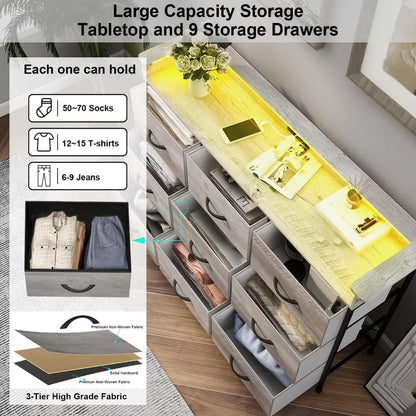 Dresser with Charge Station 9 Drawers with LED Lights, Tall Wide Fabric Dressers & Chests of Drawers for Closet Hallway Entryway
