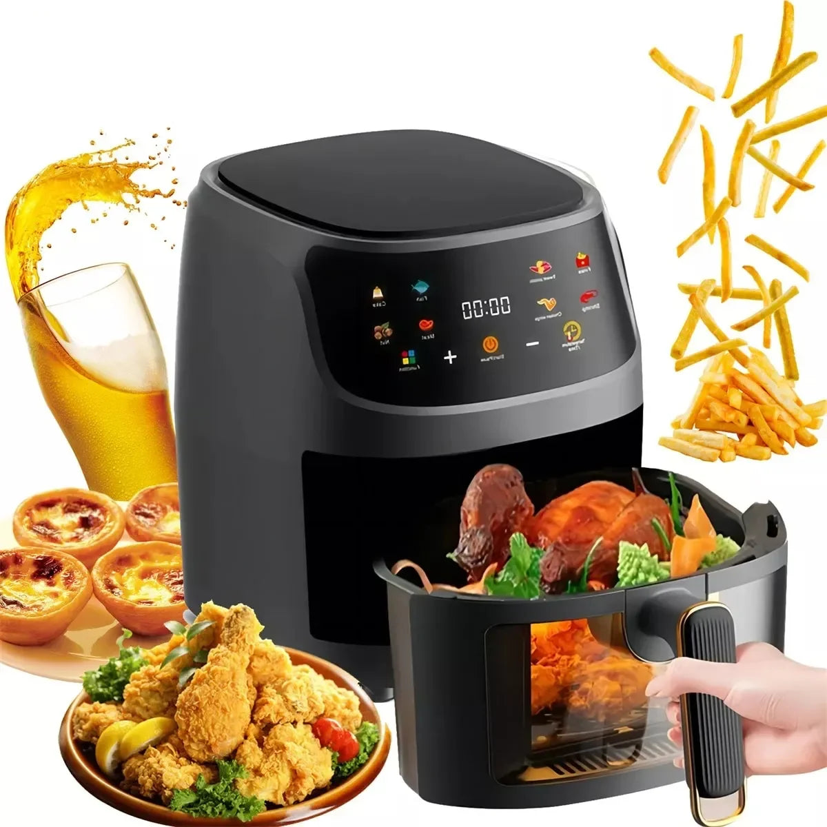 Friteuse à air de grande capacité 6/8L avec écran LCD friteuse électrique intelligente sans huile friteuses à air four pour frites poulet grillé