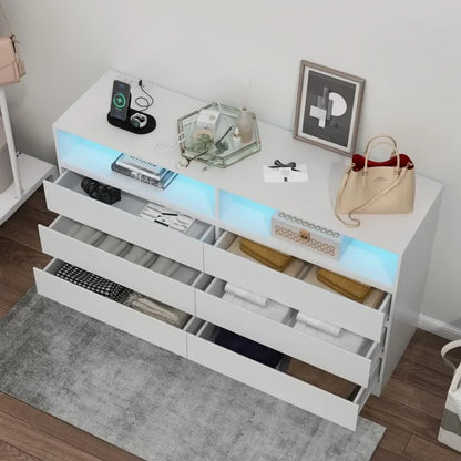 6 Drawer Double Dresser with Power Outlet, Accent Chests of Drawers with LED Light, Modern White Storage Dresser