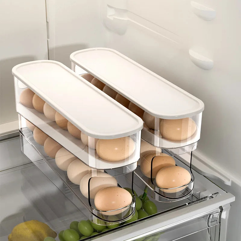 Caja de almacenamiento de huevos de dos niveles para refrigerador, soporte para huevos con desplazamiento automático, organización de cocina de gran capacidad para el hogar, huevo enrollable