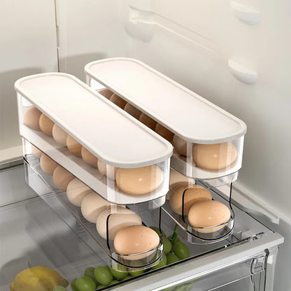 Caja de almacenamiento de huevos de dos niveles para refrigerador, soporte para huevos con desplazamiento automático, organización de cocina de gran capacidad para el hogar, huevo enrollable