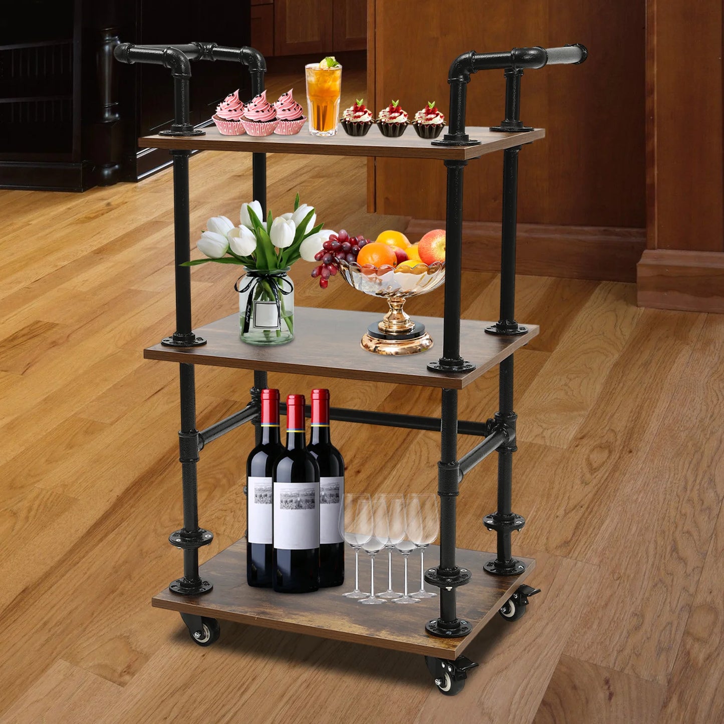 CNCEST3-Tier Industrial Rolling Bar Cart BeverageCart Bar Shelves for Liquor Bottles Wine Rack Carts on Wheels with StorageCarts