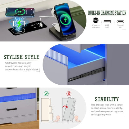 7 Drawers Dresser for Bedroom, Large Chest of Drawers with LED Light, Modern Dresser with USB & Type-c Charging Ports