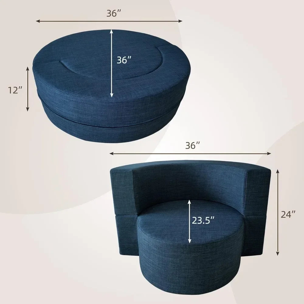 36" W Folding Round Chair With Pillow Memory Foam Lazy Sofa Futon Couch for Small Living Room Convertible Chair Floor Couch Home