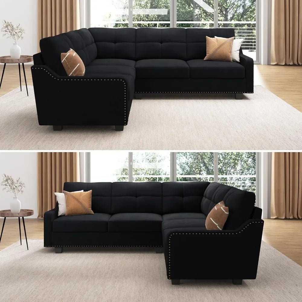 Convertible Sectional Sofa Velvet L Shaped Couch Reversible 4 Seat Corner Sofas for Small Apartment,Velvet Black Sofa