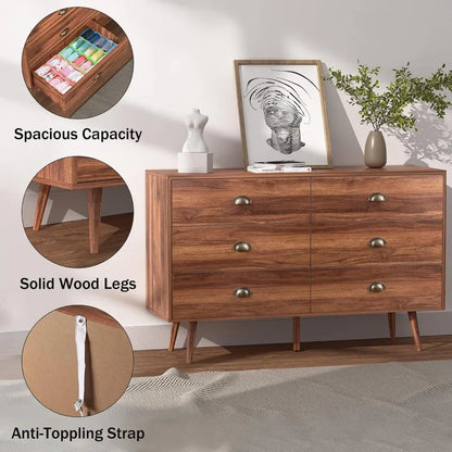 6 Drawer Dresser with Metal Handle for Bedroom, Mid-Century, Walnut Wood Dresser Chest of Drawers, Storage Cabinet