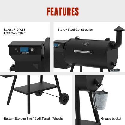 ZPG 550B2 2024 Upgrade Wood Pellet Smoker, 8 in 1 BBQ Grill with Latest PID Technology LCD Controller, Auto Temperature Control