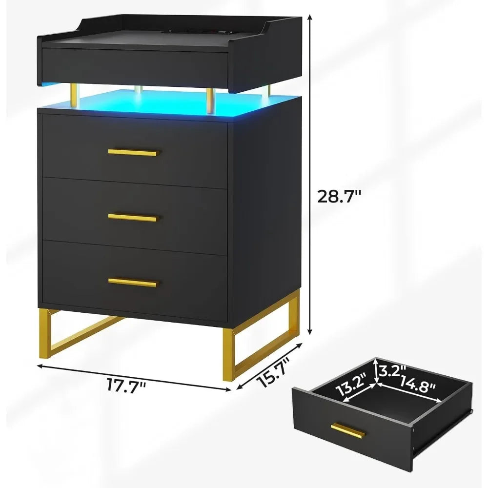 Modern End Table With Storage Home Furniture Bedside Table With LED Lights & Metal Legs Mobile Bedside Tables for the Bedroom