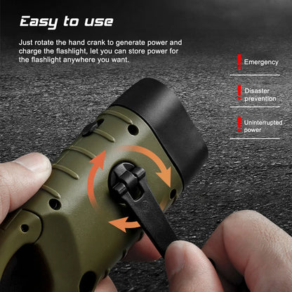 LED Flashlight Hand Crank Solar Powered Rechargeable Survival Gear Self Powered Charging Torch Dynamo for Fishing Boating Hiking