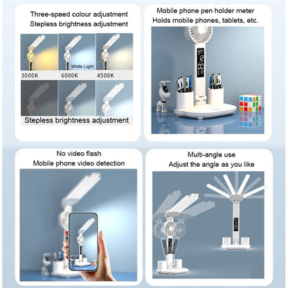 Rechargeable Table Lamp for Study, Desk Lamp Reading Light Led Table Light with Fan, Led Clock Dispaly Reading Lamp