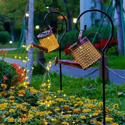 Metal Lantern Solar Watering Can Light Outdoor Solar Waterfall Lights Waterproof Hanging Light Garden Decor Fairy Art Decorative