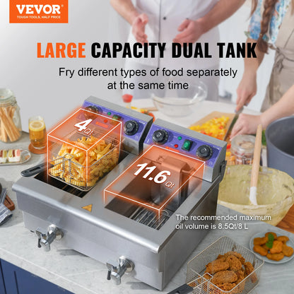 VEVOR  Commercial Electric Deep Fryer w/Dual Tanks 12L 3000W  Stainless Steel Countertop Fryer for Fried Chicken French Fries