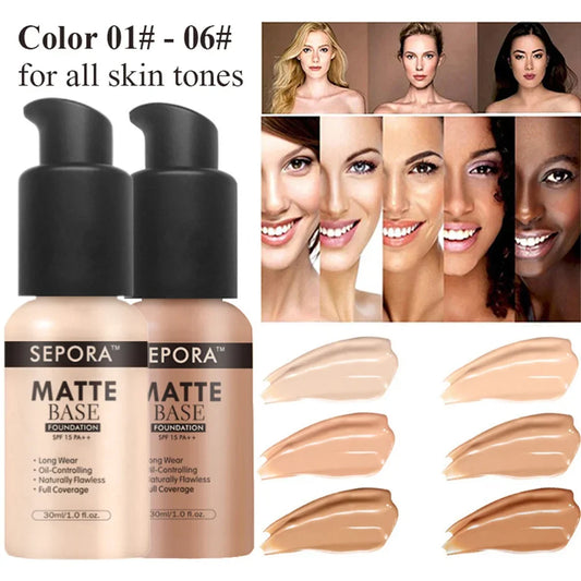 30ml Matte Liquid Foundation 6 Colors Oil Control Waterproof Full Coverage Facial Natural Concealer Base Makeup Cosmetics