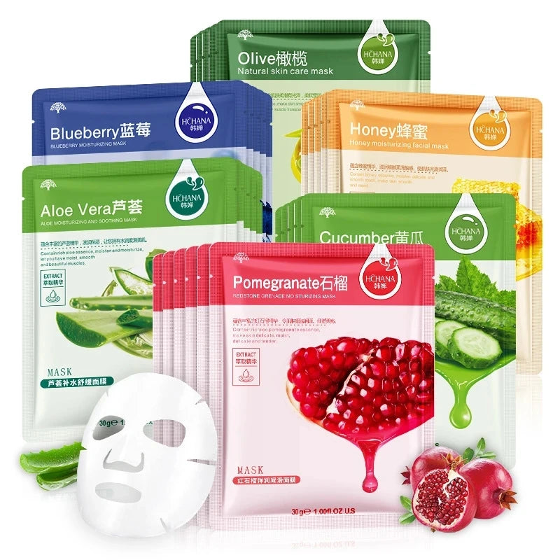 30pcs Natural Plant Facial Mask Moisturizing Oil Control Anti-Aging Fruit Aloe Korean Sheet Face Mask Beauty Skin Care Prodcuts