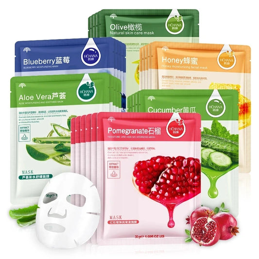 30pcs Natural Plant Facial Mask Moisturizing Oil Control Anti-Aging Fruit Aloe Korean Sheet Face Mask Beauty Skin Care Prodcuts