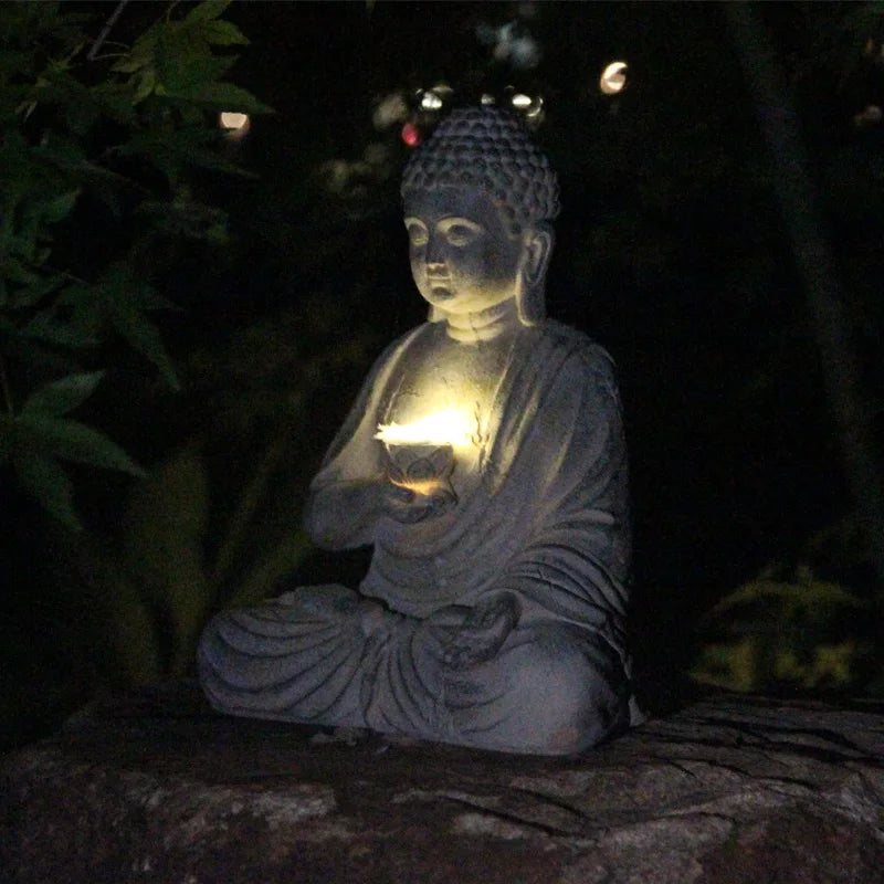 Resin Solar Buddha Statue Sculpture Garden Decor Light Zen Asian Japanese Garden Decoration Outdoor Front Porch Patio Yard Home