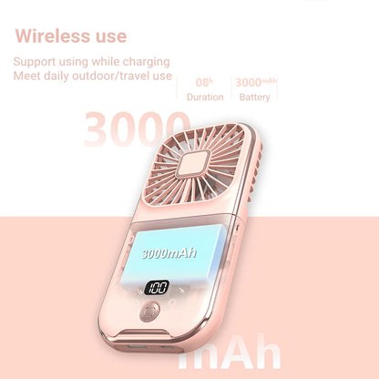 Mini ventilador portátil de mano para exteriores, ventilador de cuello colgante con carga USB, ventilador de refrigeración por aire de mesa inalámbrico plegable de 180 ° con batería de 3000mAh