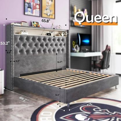 LED Queen Size Bed Frame and Headboard with Charging Station Velvet Upholstered Platform Bed No Box Spring Needed